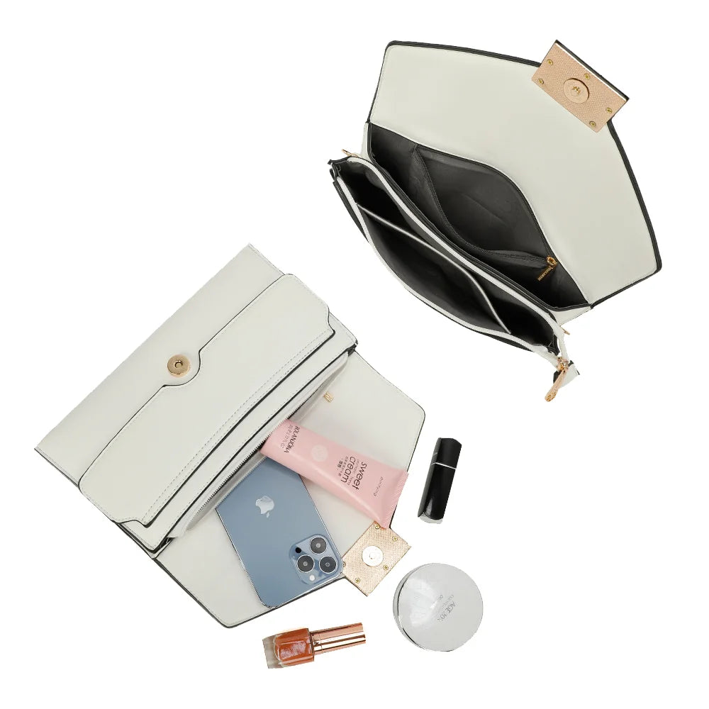 Intérieur de la pochette Le Joyau blanc : compartiments et poche zippée pour téléphone, rouge à lèvres et poudrier – réf. R-1682