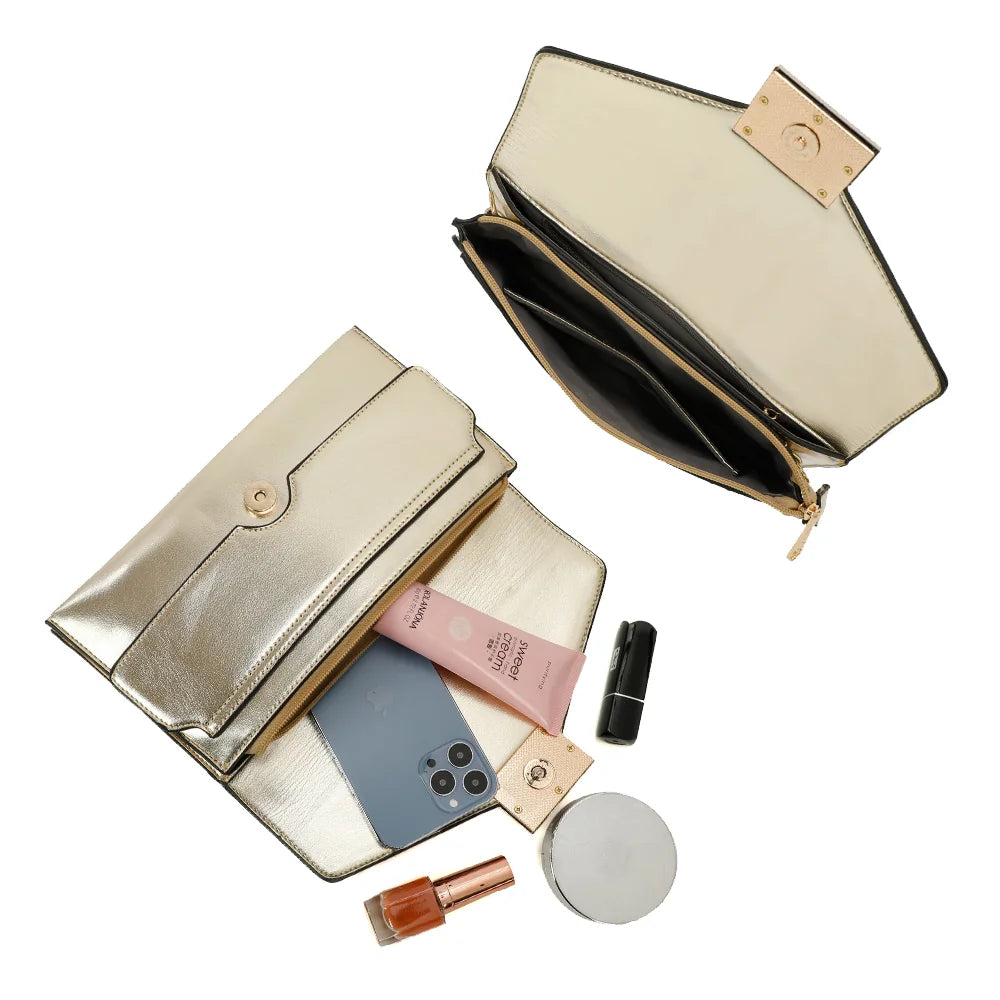 Intérieur de la pochette Le Joyau or : compartiments et poche zippée pour téléphone, rouge à lèvres et poudrier – réf. R-1682