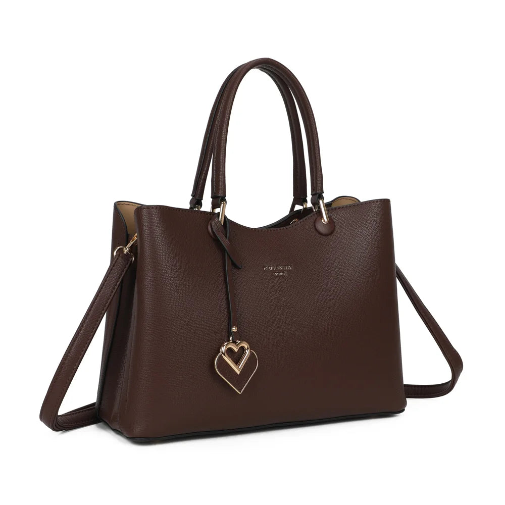 Le Lazare café de trois quarts : silhouette structurée, deux anses et bijou de sac double cœur – réf. G-7510