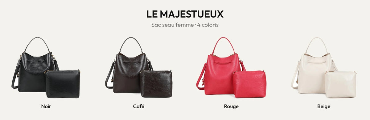 Sac seau Le Majestueux en quatre coloris : noir, coffee, rouge et beige – Gallantry Paris – réf. DQ-7500