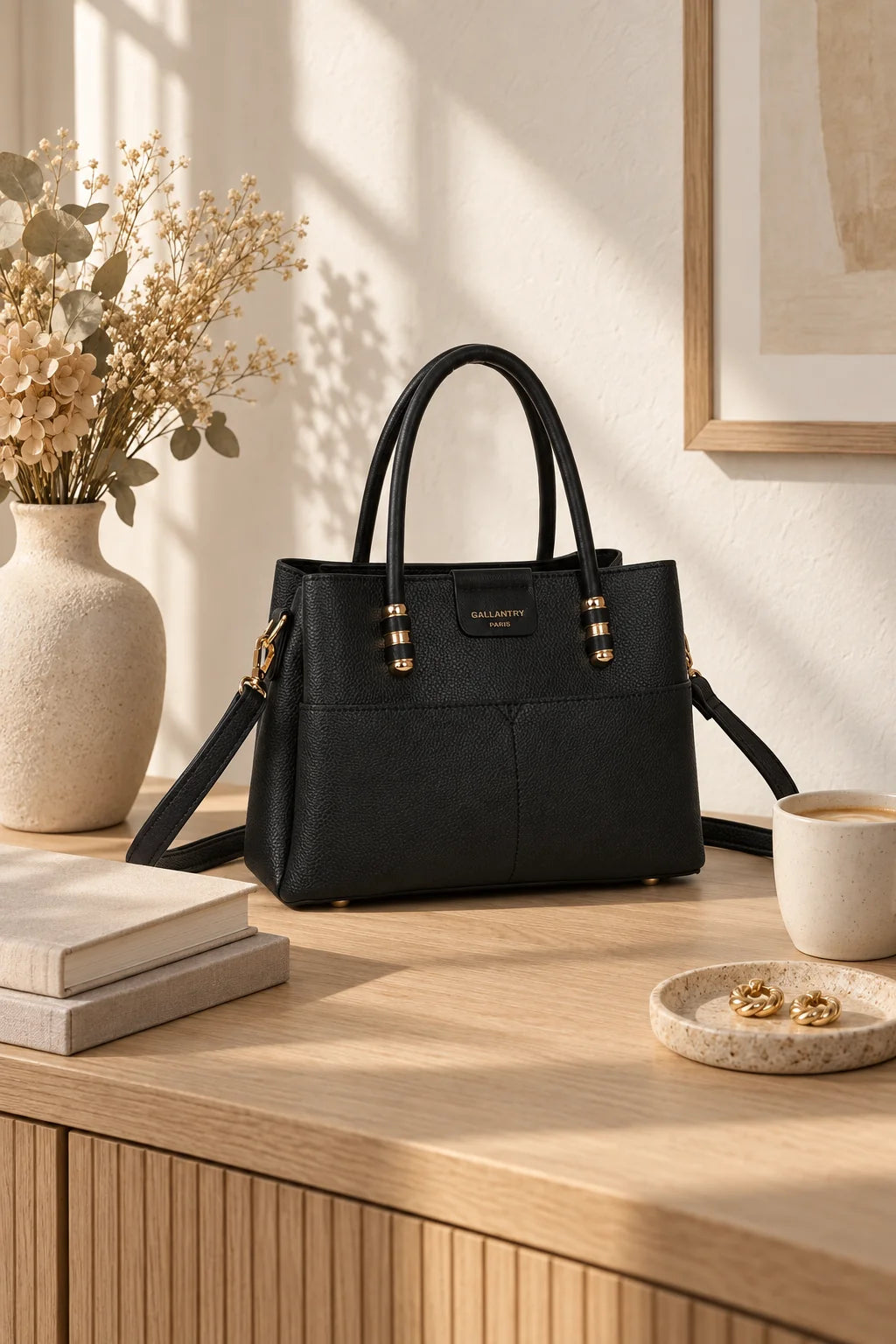 Sac à main Le Marly posé dans un décor intérieur élégant – visuel d’ambiance créé avec l’IA – Gallantry Paris