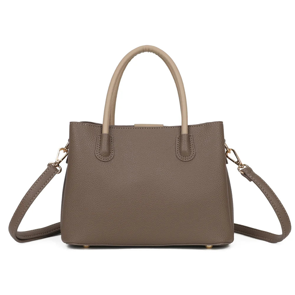 Vue de dos du Marly taupe/beige : simili cuir grainé uni et deux anses rondes à porter à la main – réf. KJ-62110
