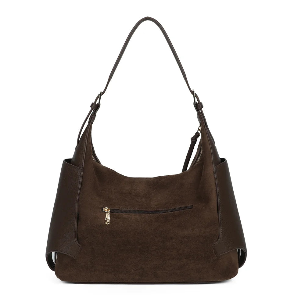 Dos du Marsala café, silhouette souple et panneaux latéraux contrastés en simili cuir grainé – réf. JC-53009