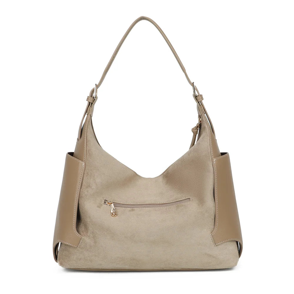 Dos du Marsala taupe foncé, silhouette souple et panneaux latéraux contrastés en simili cuir grainé – réf. JC-53009