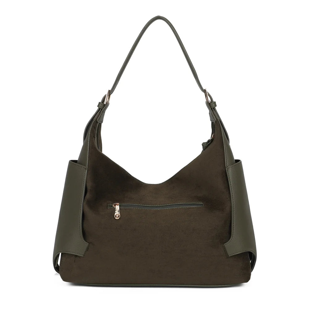 Dos du Marsala vert foncé, silhouette souple et panneaux latéraux contrastés en simili cuir grainé – réf. JC-53009