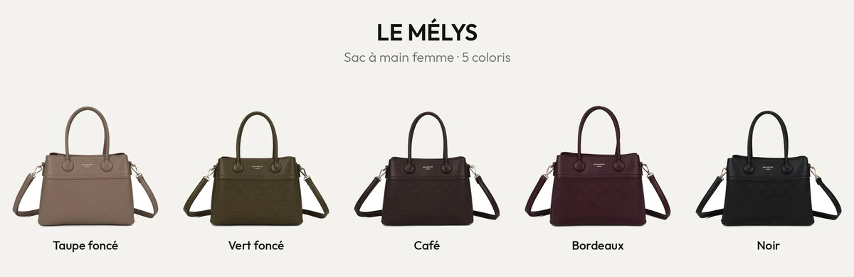 Sac à main Le Mélys en 5 coloris : taupe foncé, vert foncé, coffee, bordeaux et noir – Gallantry Paris – réf. R-2072