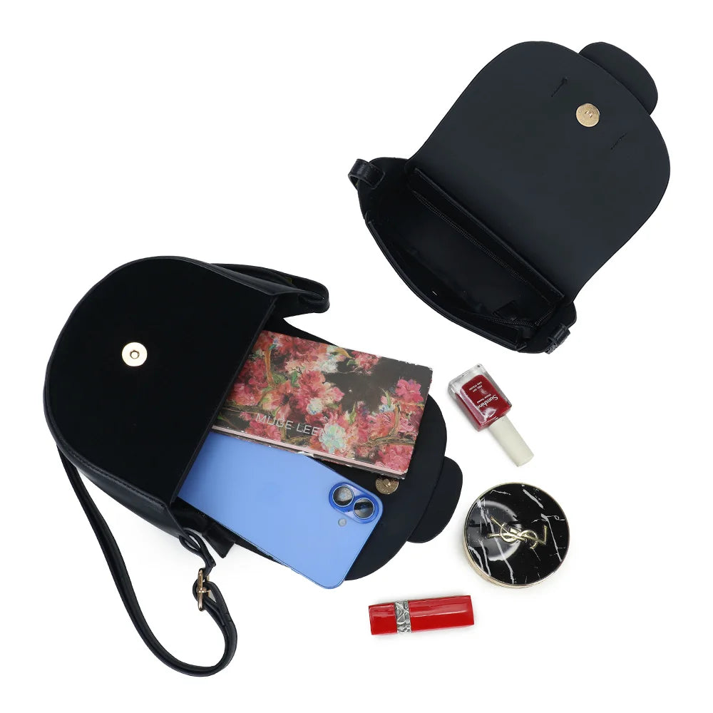 Intérieur du Mielia noir : bouton-pression doré, poche zippée, téléphone et rouge à lèvres – réf. DQ-8665-1