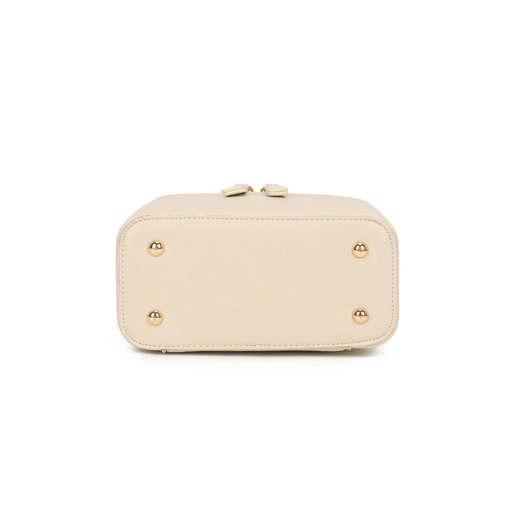 Dessous du Mini Bambino beige, base rectangulaire structurée du sac vanity – réf. R-1918-4