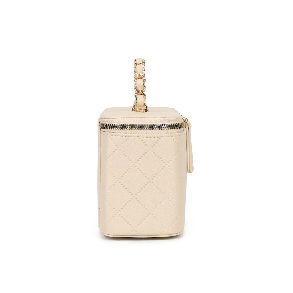 Profil du Mini Bambino beige : format compact de 9 cm de profondeur et bandoulière chaîne – réf. R-1918-4