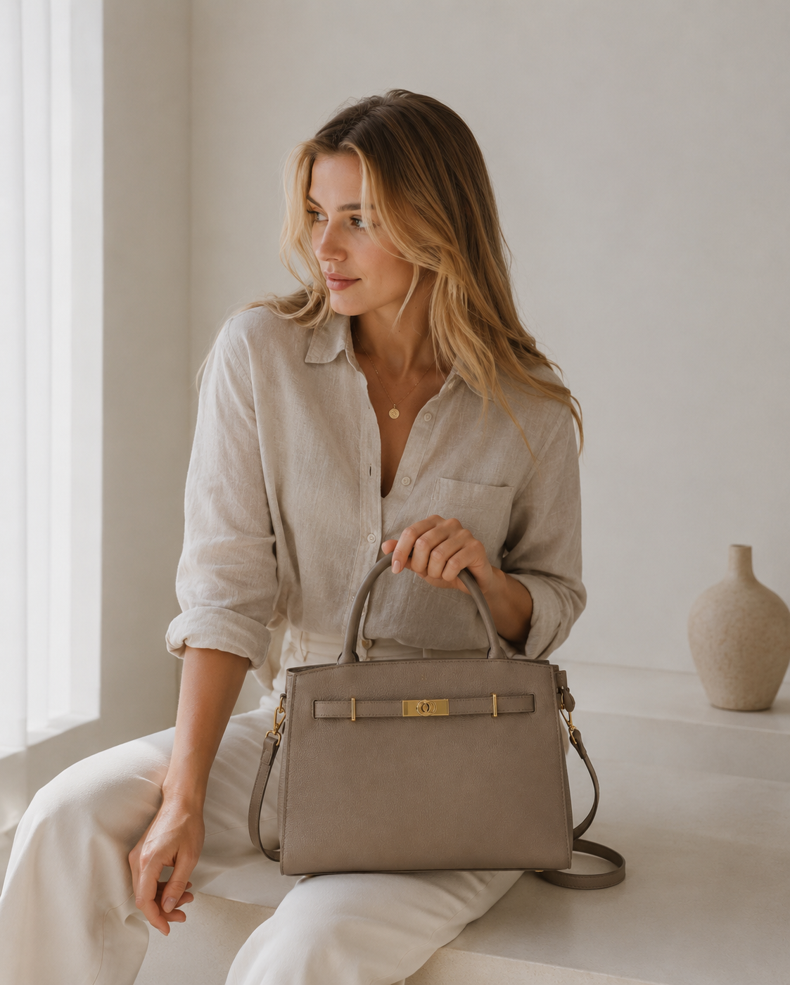 Femme portant le sac à main Le Monceau taupe foncé – visuel d'ambiance créé avec l'IA – Gallantry Paris