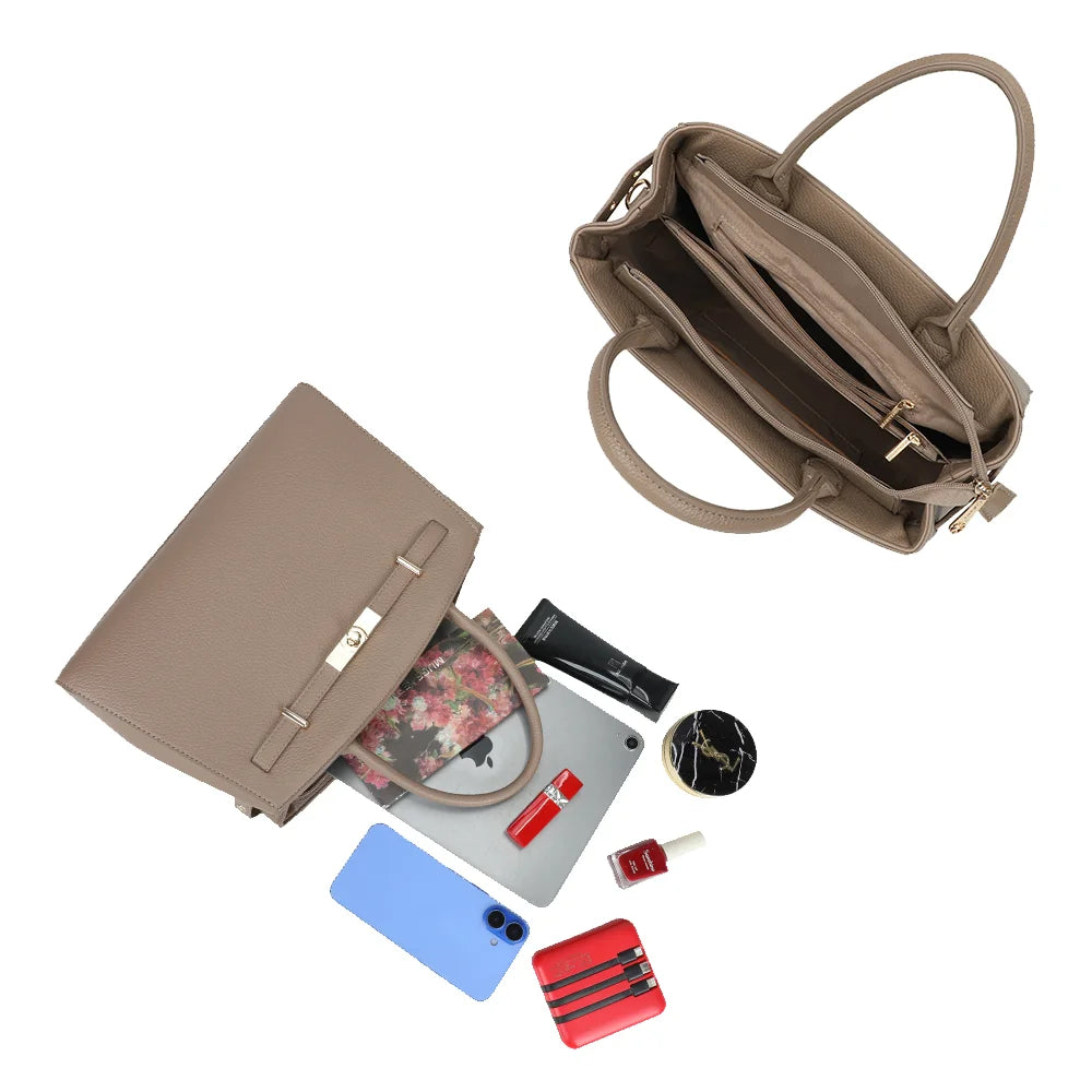 Intérieur du Monceau taupe foncé : compartiment central zippé et poches pour ranger tablette, téléphone et beauté – réf. KJ-62097