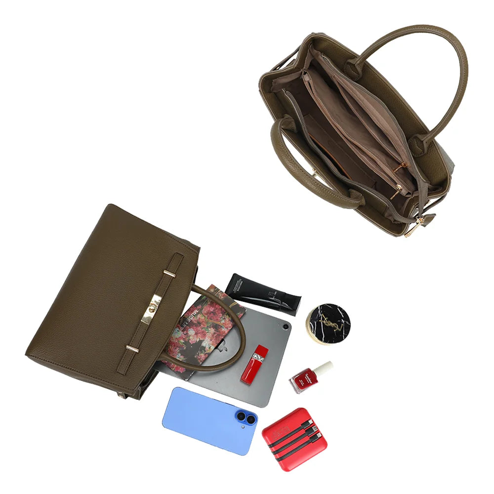 Intérieur du Monceau vert foncé : compartiment central zippé et poches pour ranger tablette, téléphone et beauté – réf. KJ-62097