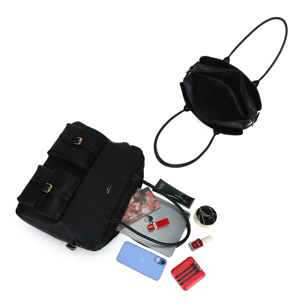Le Monroe noir ouvert : grand compartiment zippé qui accueille tablette, carnet et téléphone – réf. R-2055
