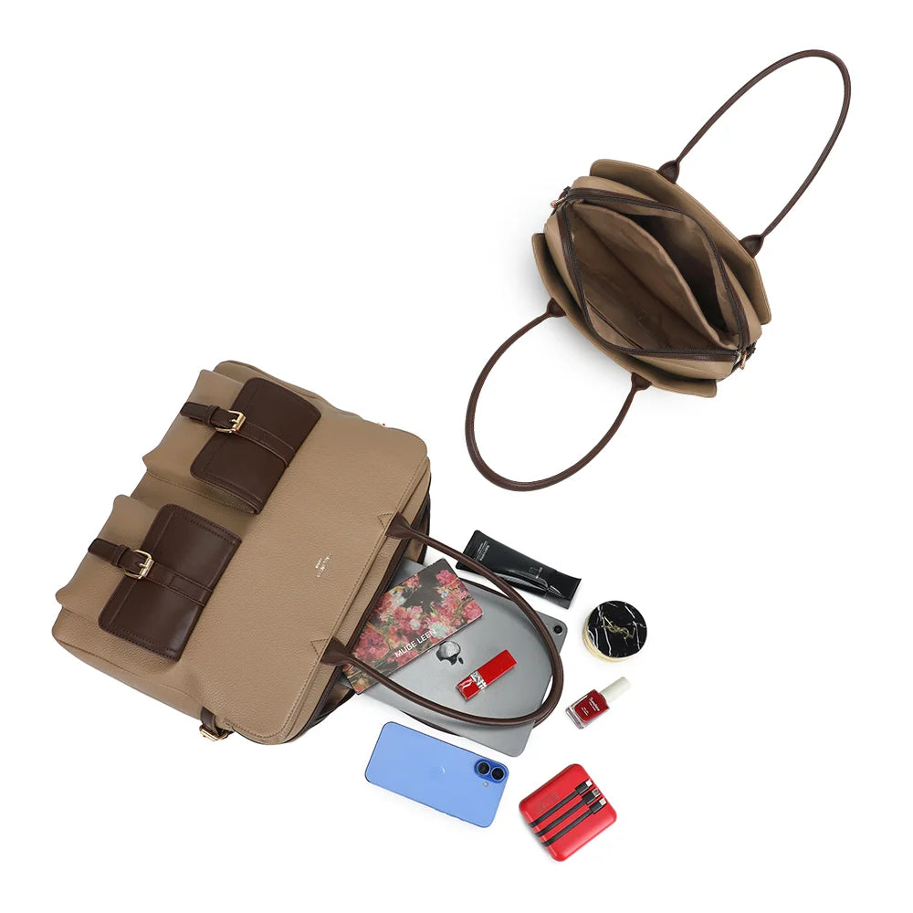 Le Monroe taupe foncé ouvert : grand compartiment zippé qui accueille tablette, carnet et téléphone – réf. R-2055