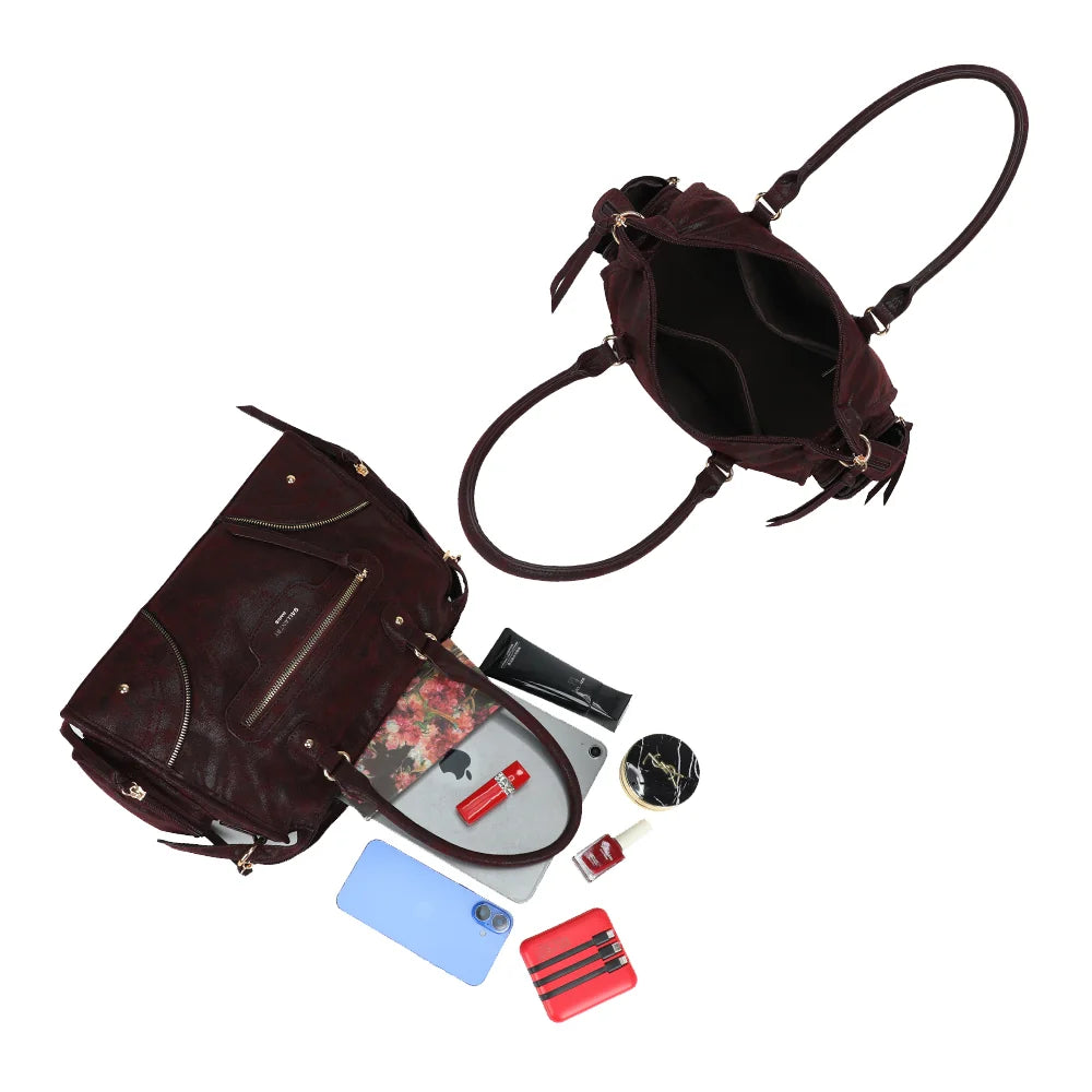 Intérieur du Le Montana en bordeaux : compartiment zippé pour tablette, smartphone et essentiels – réf. R-2074-1