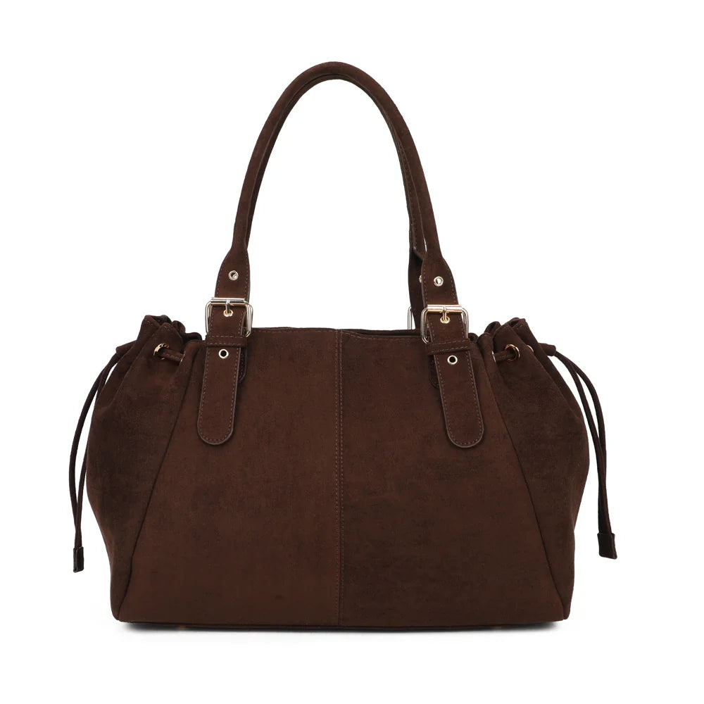 Sac porté épaule femme Le Montélia coffee, aspect suédé et boucles dorées – Gallantry Paris – réf. M-62080-6