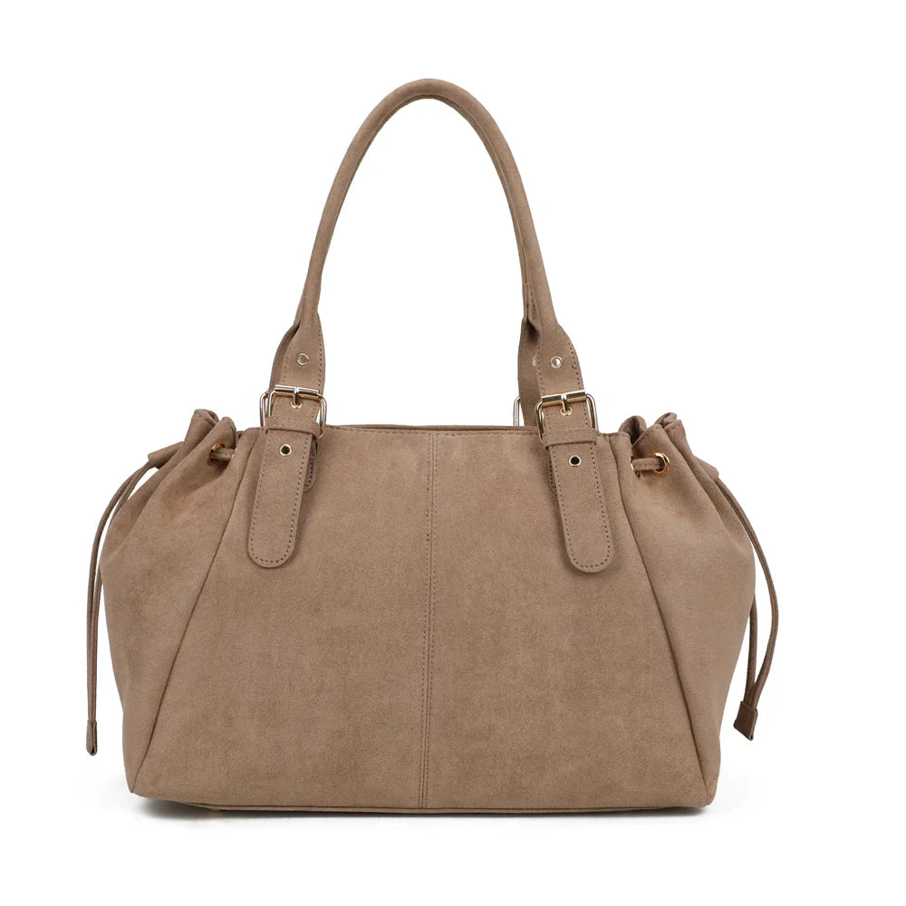 Sac porté épaule femme Le Montélia taupe foncé, aspect suédé et boucles dorées – Gallantry Paris – réf. M-62080-6