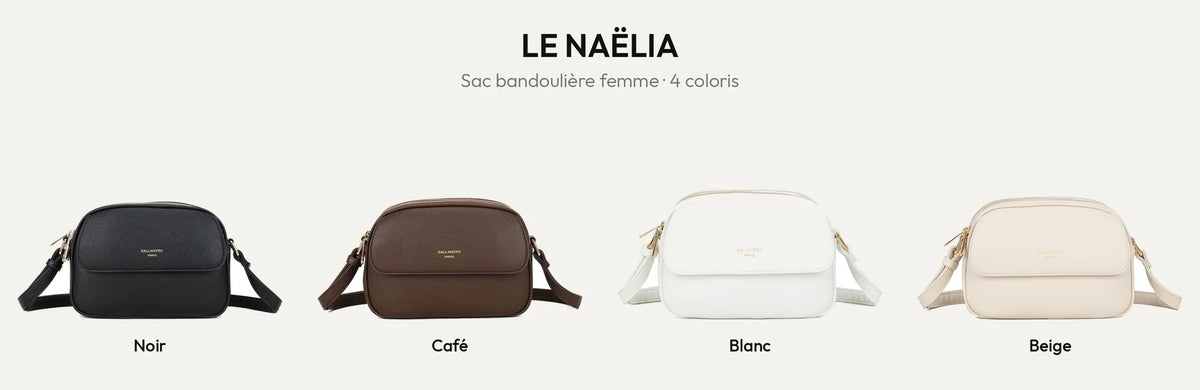 Sac bandoulière femme Le Naëlia en simili cuir grainé, coloris Noir, Coffee, Blanc et Beige – Gallantry Paris – réf. A-9137-1