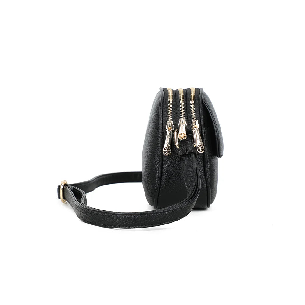 Profil du Naëlia noir : format compact de 8 cm de profondeur et tirettes de zip dorées – réf. A-9137-1