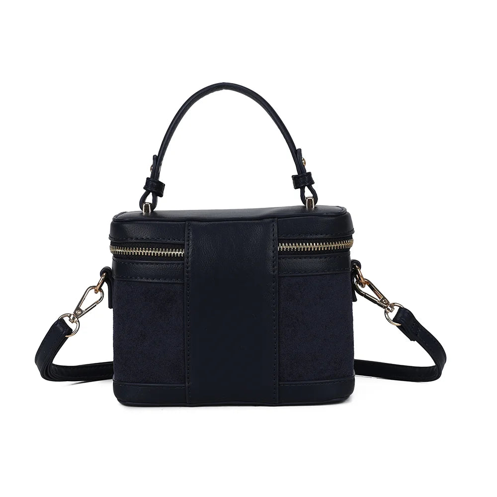 Le Nohé bleu foncé vu de dos : silhouette vanity structurée et poignée courte nouée – réf. A-9187