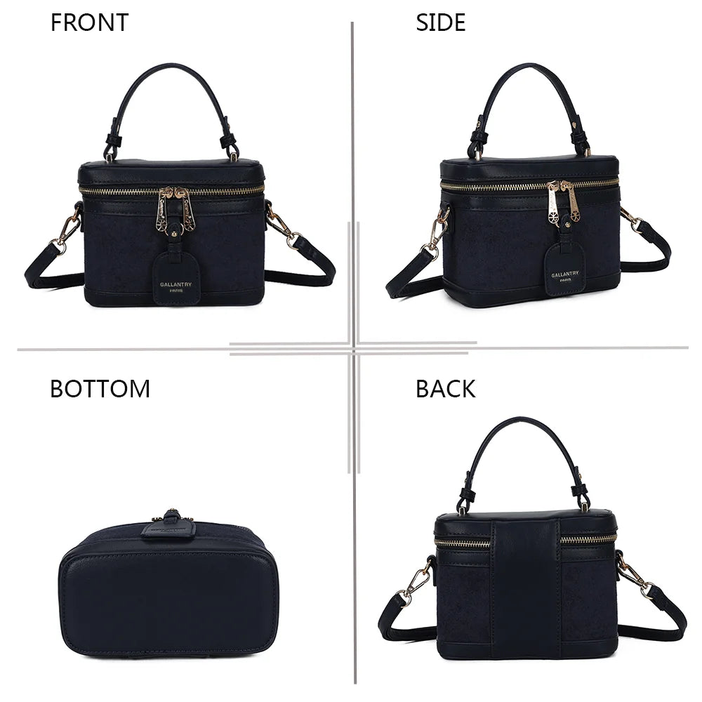Le Nohé bleu foncé sous quatre angles : face, profil, dessous et dos de ce petit sac vanity – réf. A-9187