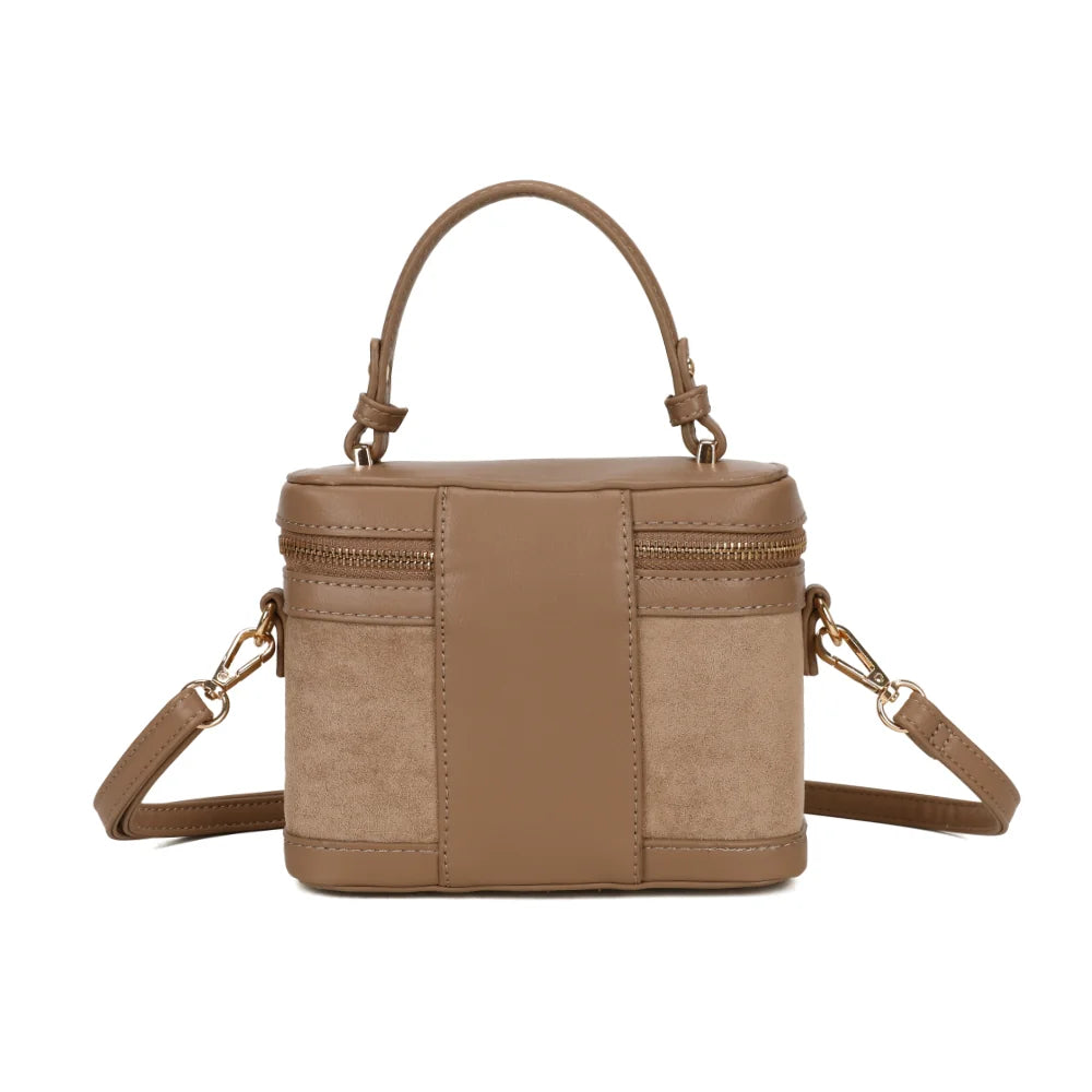 Le Nohé taupe foncé vu de dos : silhouette vanity structurée et poignée courte nouée – réf. A-9187