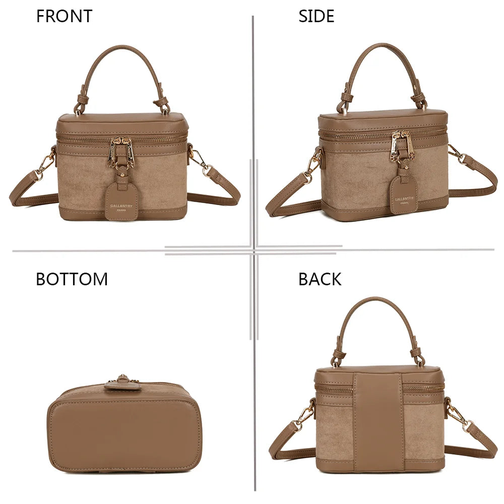 Le Nohé taupe foncé sous quatre angles : face, profil, dessous et dos de ce petit sac vanity – réf. A-9187