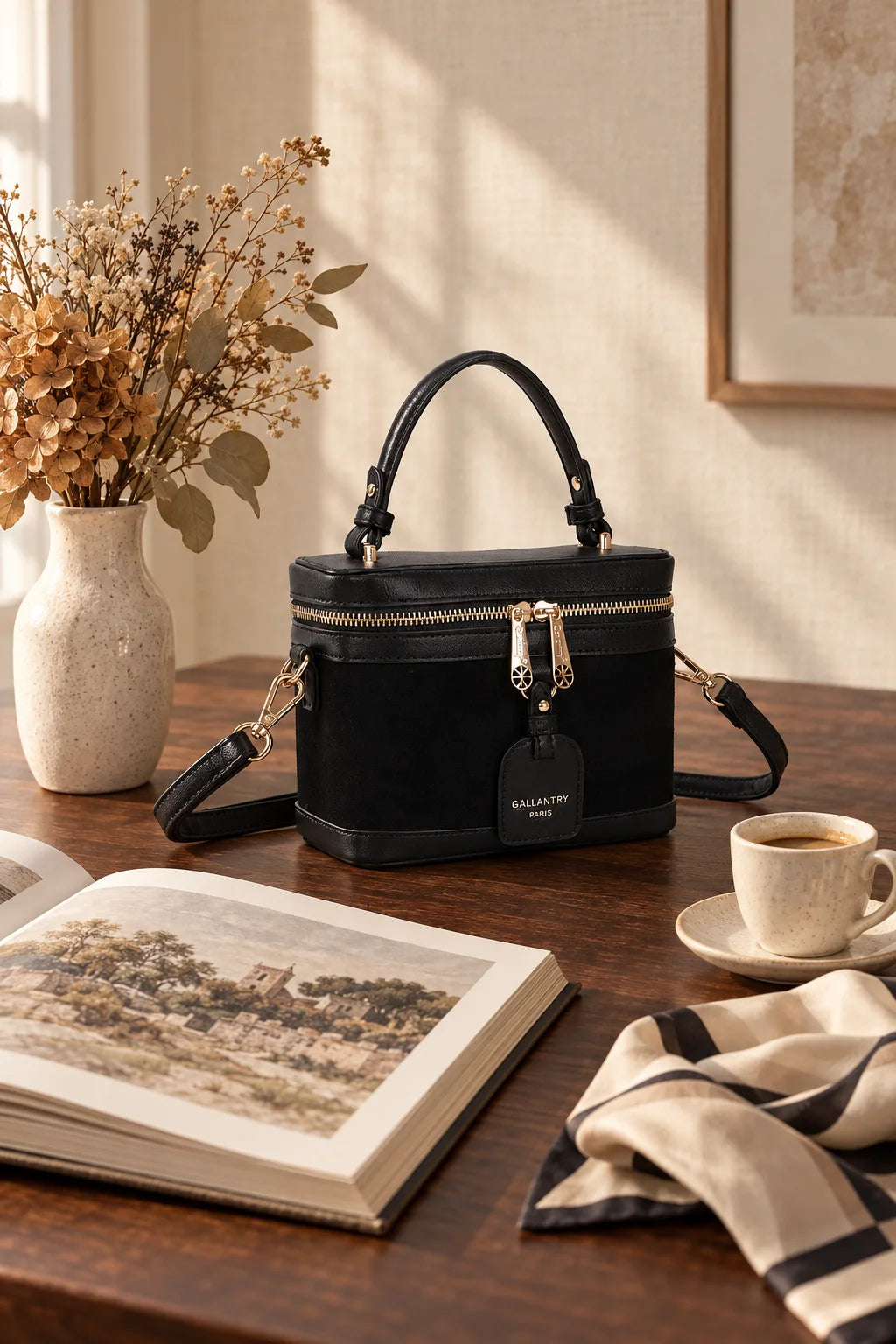 Sac à main vanity Le Nohé posé dans un décor chaleureux – visuel d’ambiance créé avec l’IA – Gallantry Paris