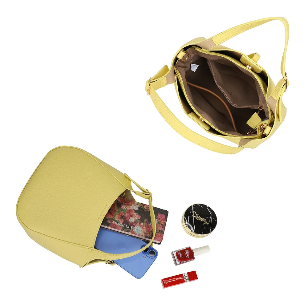 Intérieur du Le Nolan jaune : compartiment principal zippé pour téléphone et petits essentiels – réf. KJ-62098