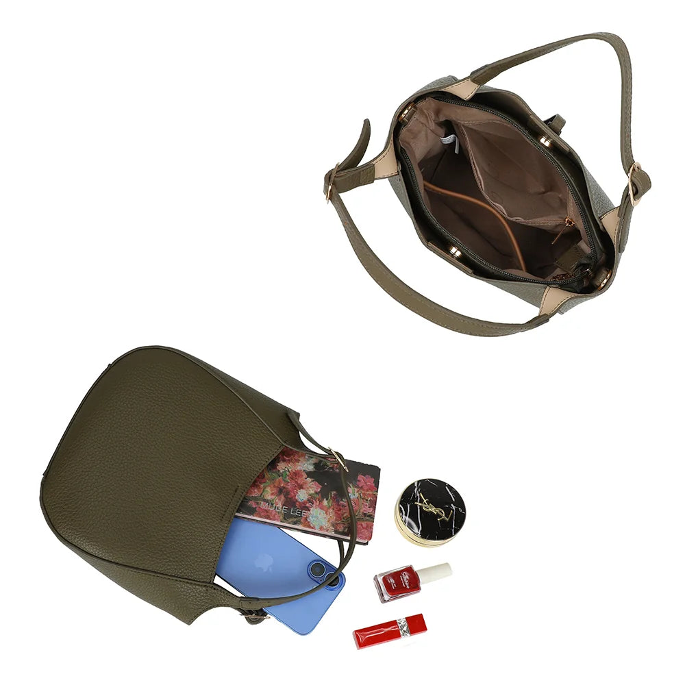 Intérieur du Le Nolan vert foncé : compartiment principal zippé pour téléphone et petits essentiels – réf. KJ-62098