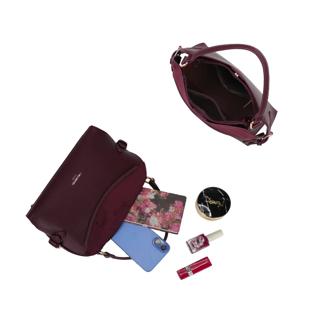Intérieur du Le Odrane bordeaux : compartiment zippé pour téléphone, portefeuille et petite trousse – réf. R-2085