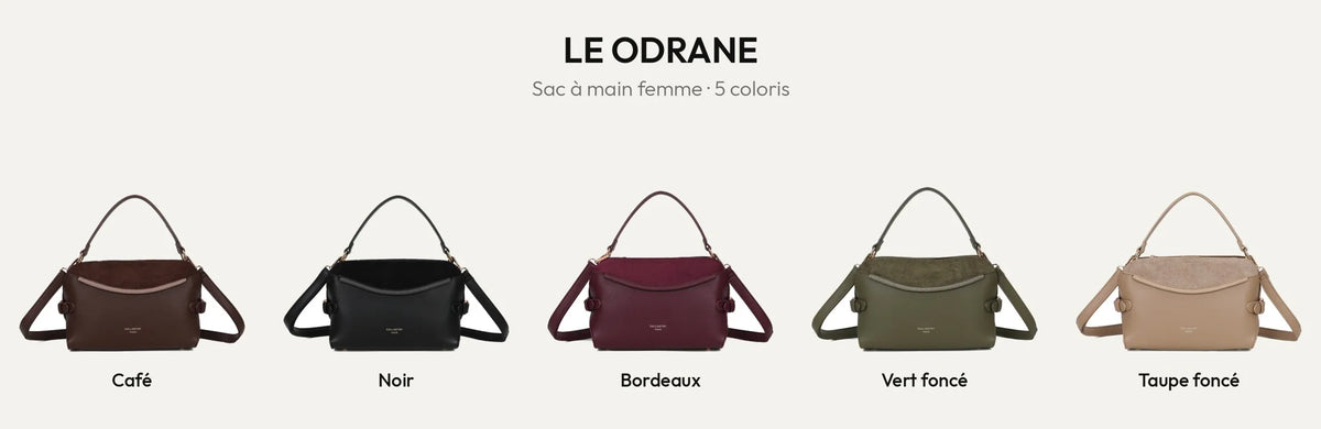 Sac à main femme Le Odrane en 5 coloris : Coffee, Noir, Bordeaux, Vert Foncé et D.TAUPE – Gallantry Paris – réf. R-2085