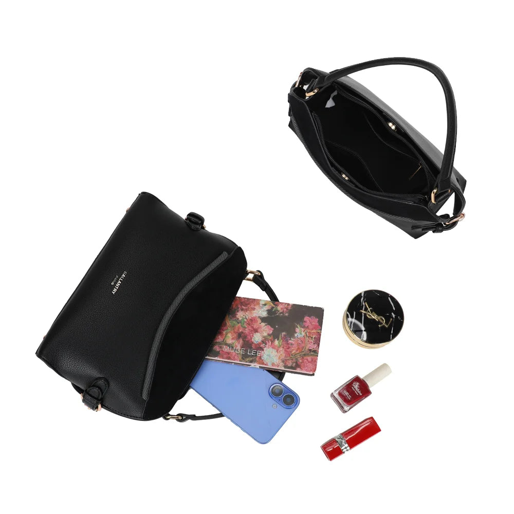 Intérieur du Le Odrane noir : compartiment zippé pour téléphone, portefeuille et petite trousse – réf. R-2085