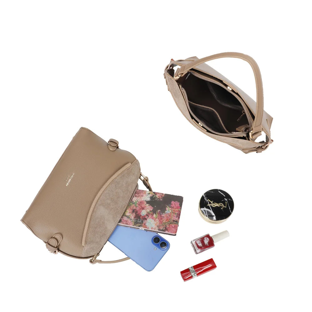 Intérieur du Le Odrane taupe foncé : compartiment zippé pour téléphone, portefeuille et petite trousse – réf. R-2085