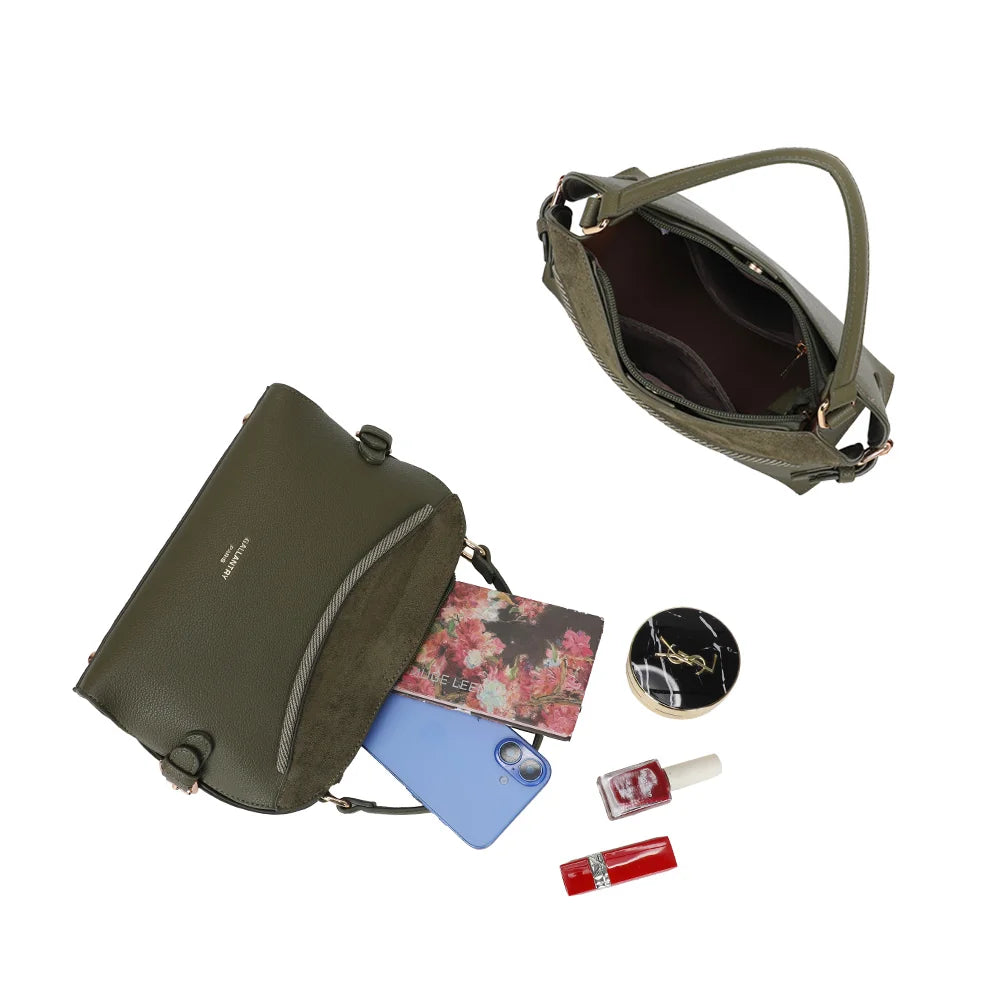 Intérieur du Le Odrane vert foncé : compartiment zippé pour téléphone, portefeuille et petite trousse – réf. R-2085
