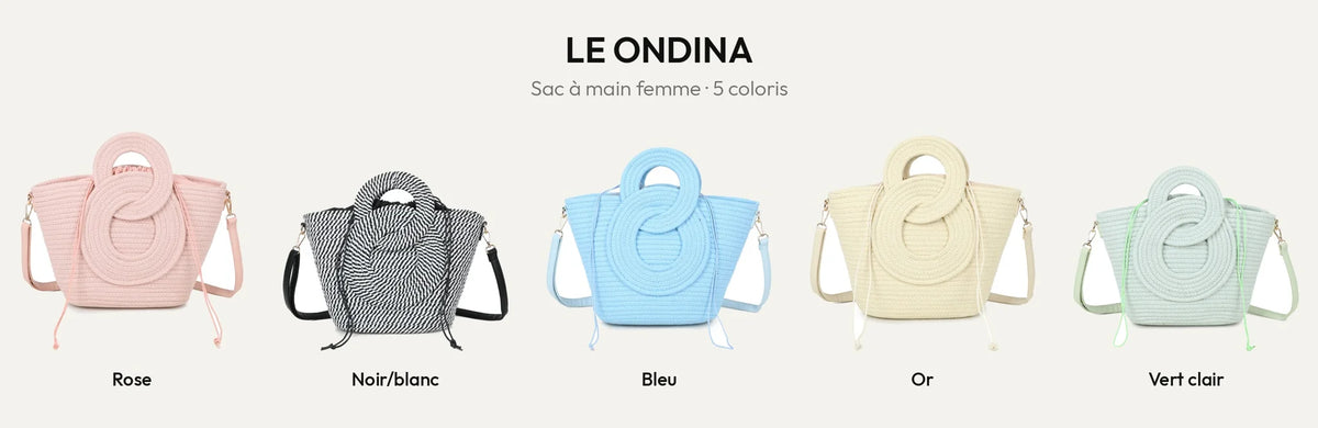 Le Ondina, sac à main femme en corde tressée, en 5 coloris : rose, noir/blanc, bleu, or et vert clair – Gallantry Paris – réf. A-9167