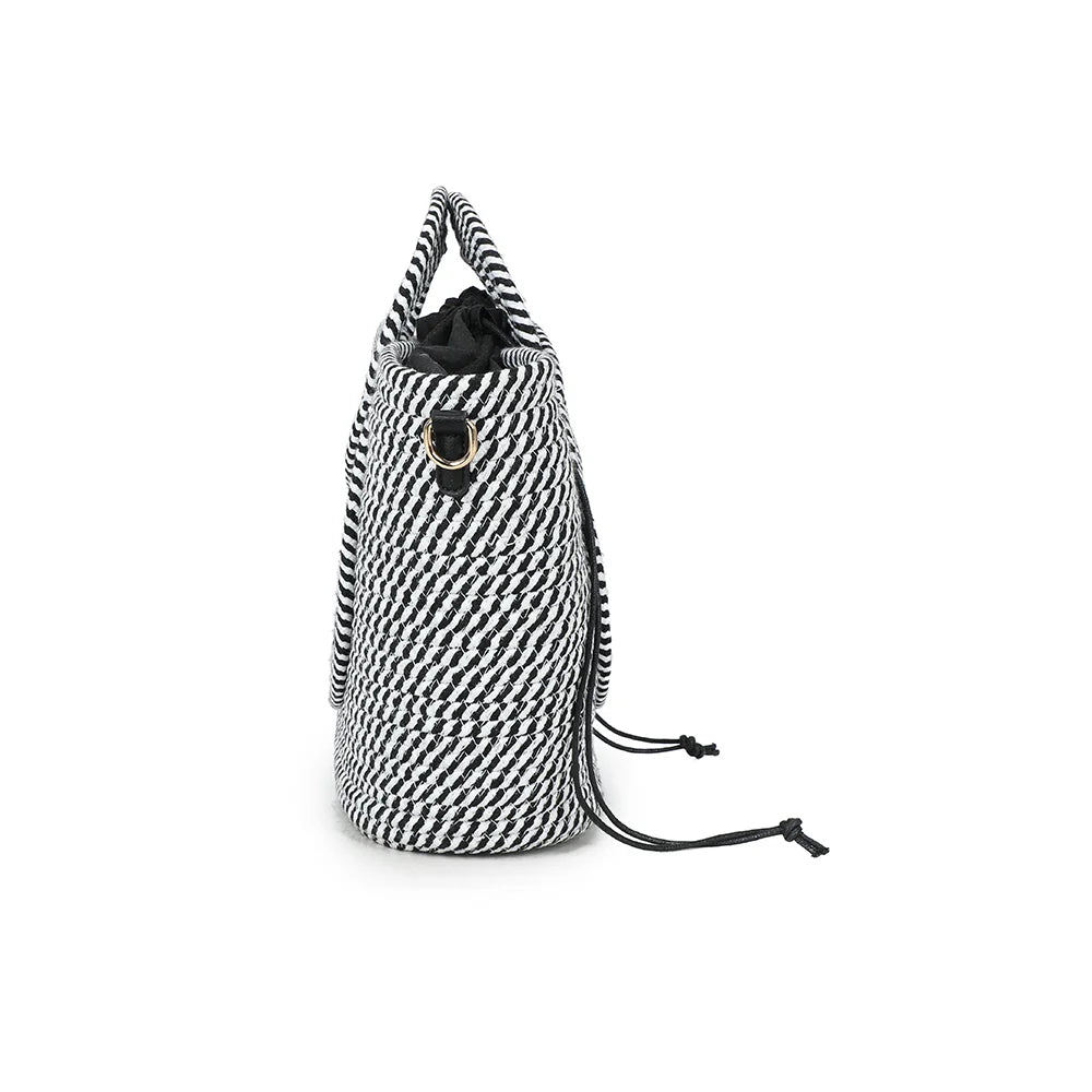 Le Ondina noir/blanc de profil : anneau doré latéral et cordons de serrage de la pochette intérieure – réf. A-9167