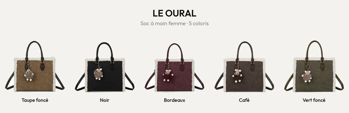 Sac à main femme Le Oural en cinq coloris : taupe foncé, noir, bordeaux, café et vert foncé – Gallantry Paris – réf. A-9183