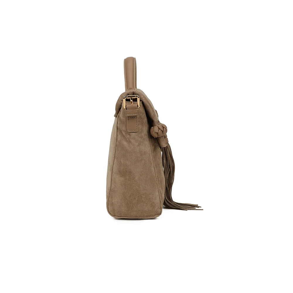 Profil du Paloma taupe foncé : 10 cm de profondeur et attaches de bandoulière à mousquetons dorés – réf. M-9462