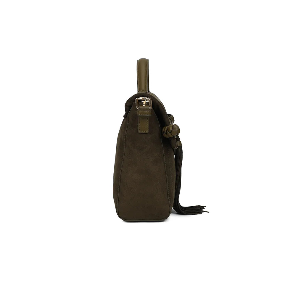 Profil du Paloma vert foncé : 10 cm de profondeur et attaches de bandoulière à mousquetons dorés – réf. M-9462
