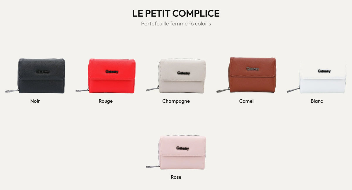 Portefeuille femme Le petit Complice en 6 coloris : noir, rouge, champagne, camel, blanc et rose – Gallantry Paris – réf. L-29-1