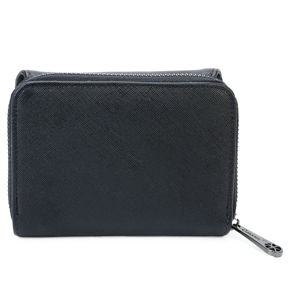 Dos du portefeuille Le petit Complice noir, surface synthétique à la texture saffiano – réf. L-29-1