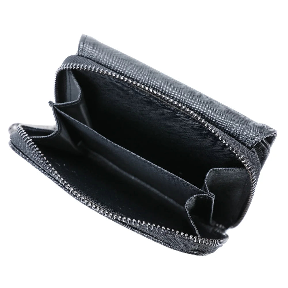 Intérieur du Petit Complice noir ouvert : compartiments en accordéon pour cartes, billets et pièces – réf. L-29-1