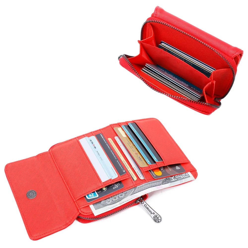 Intérieur du Petit Complice rouge ouvert : compartiments en accordéon pour cartes, billets et pièces – réf. L-29-1