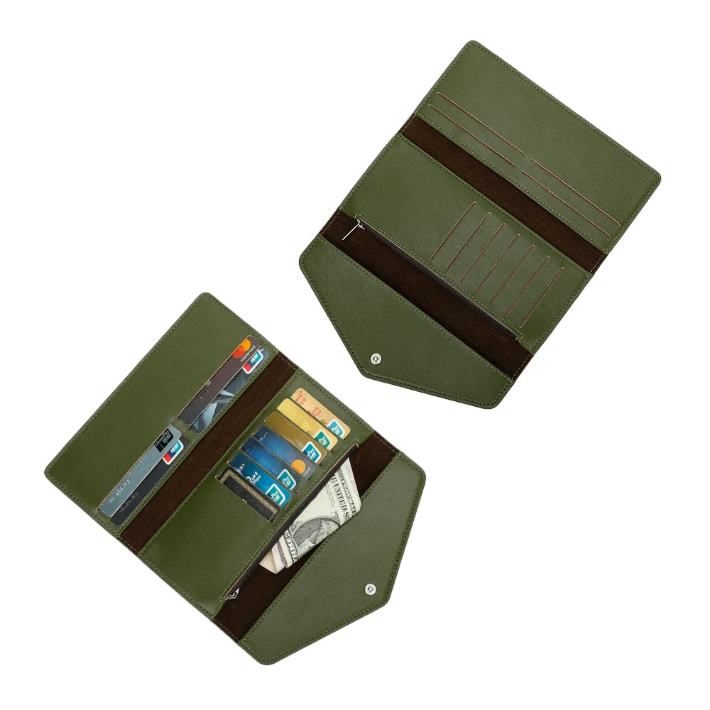 Intérieur du Petit Fidèle kaki : fentes pour cartes, compartiments à billets et poche zippée – réf. YM-72012