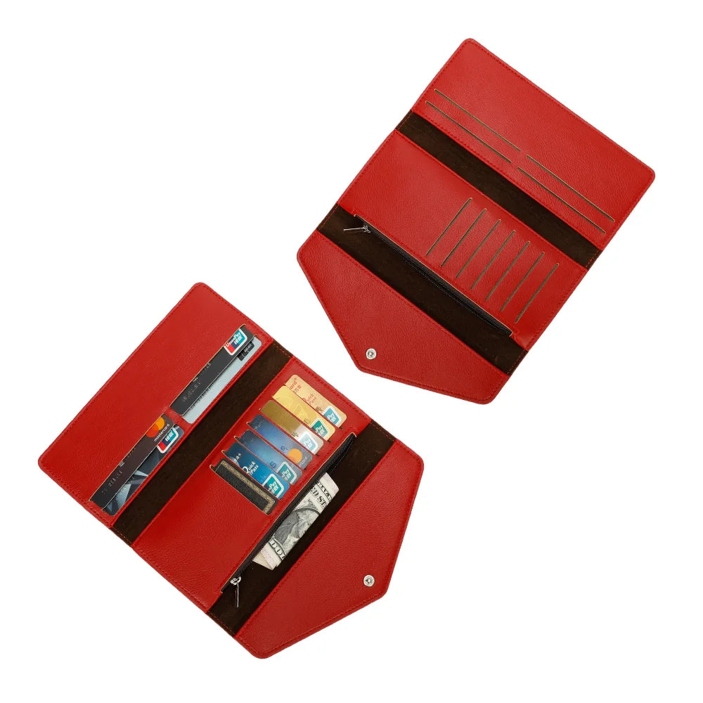 Intérieur du Petit Fidèle rouge : fentes pour cartes, compartiments à billets et poche zippée – réf. YM-72012