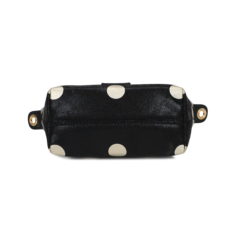 Dessous du sac à main Le Polka noir, forme trapèze et imprimé à pois jusqu’à la base – réf. Z-05-10