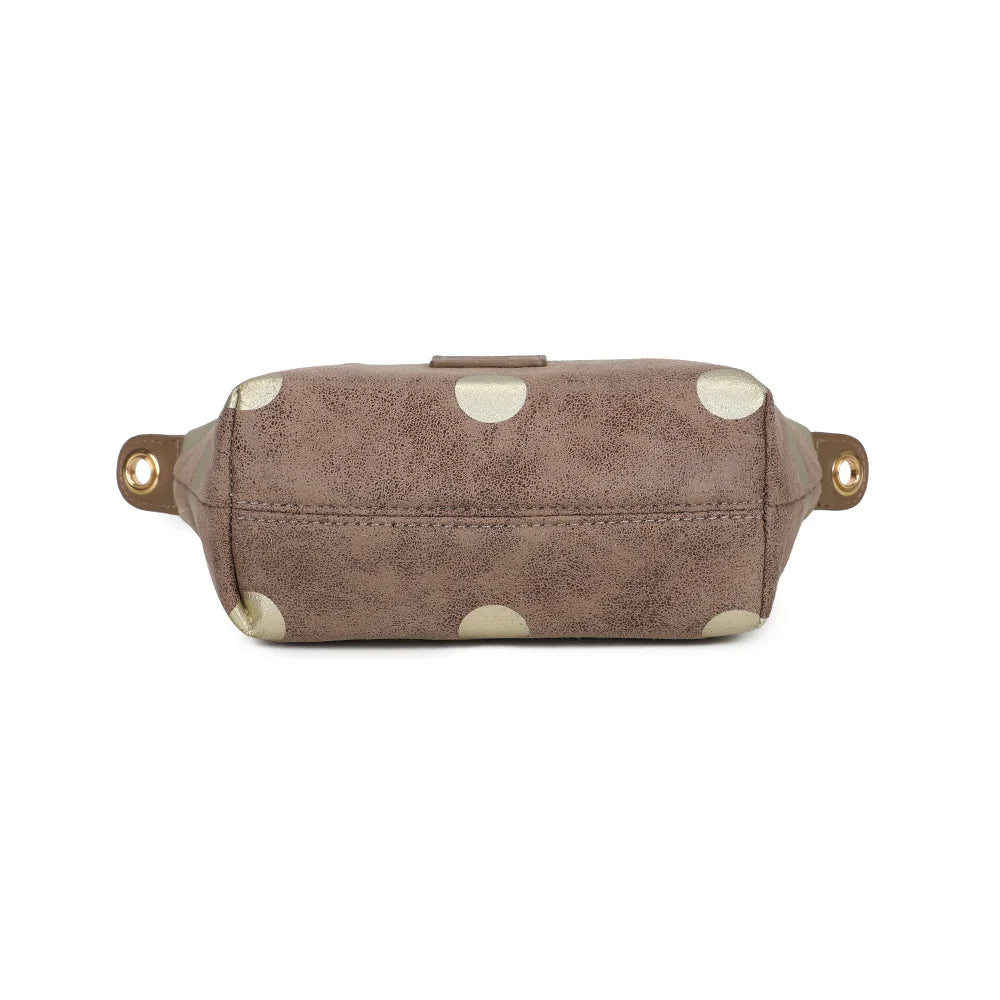 Dessous du sac à main Le Polka taupe foncé, forme trapèze et imprimé à pois jusqu’à la base – réf. Z-05-10