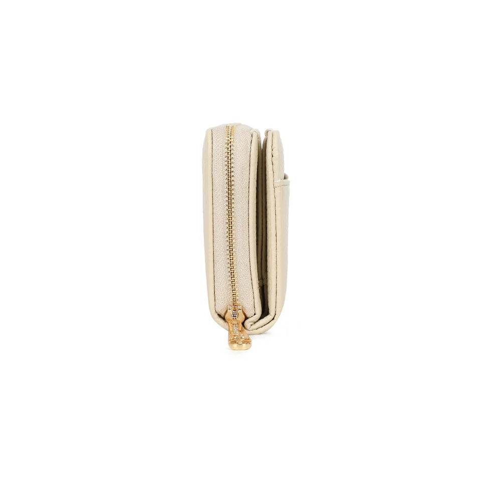 Profil du portefeuille Le Précieux beige : 3 cm d’épaisseur seulement et zip à tirette dorée – réf. SF-69052-1