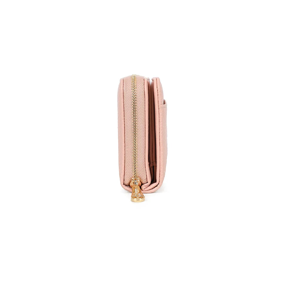 Profil du portefeuille Le Précieux rose : 3 cm d’épaisseur seulement et zip à tirette dorée – réf. SF-69052-1